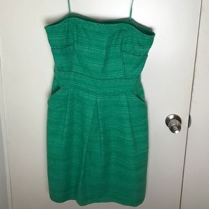 Kelly green, strapless dress.